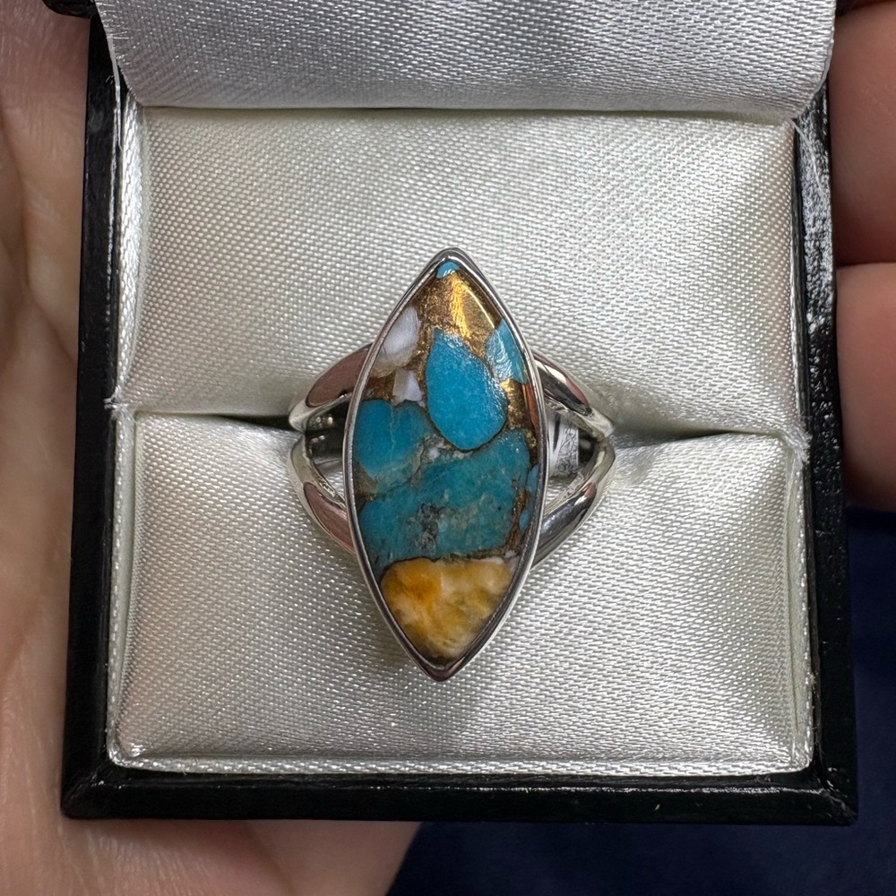 Ring Spiny Oyster Turquoise 925 Sterling Silver Marquise Chic